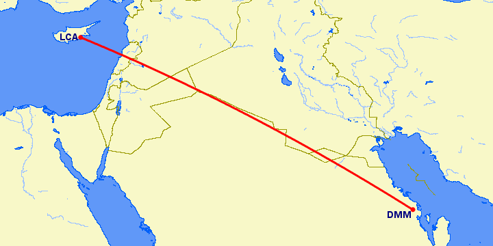 перелет Ларнака — Даммам на карте