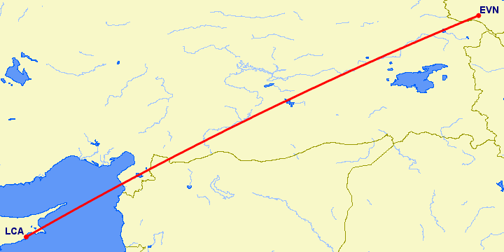 перелет Ларнака — Ереван на карте