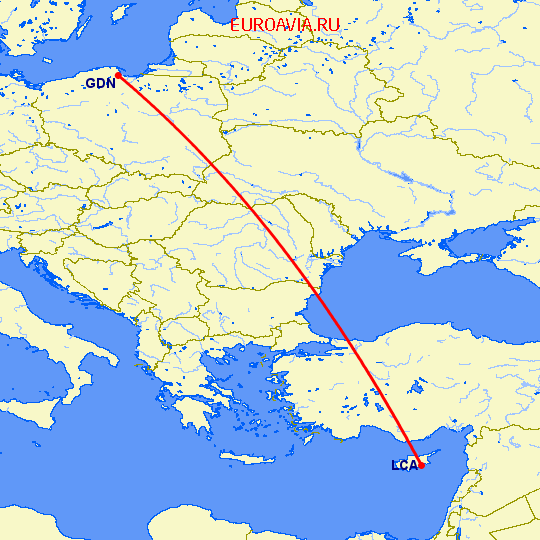перелет Ларнака — Гданьск на карте