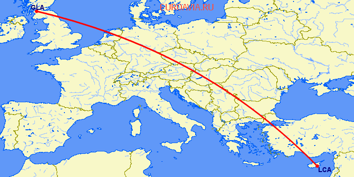 перелет Ларнака — Глазго на карте