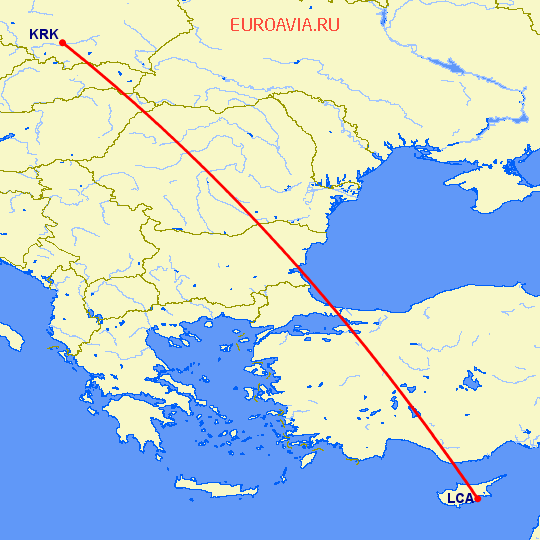 перелет Ларнака — Краков на карте