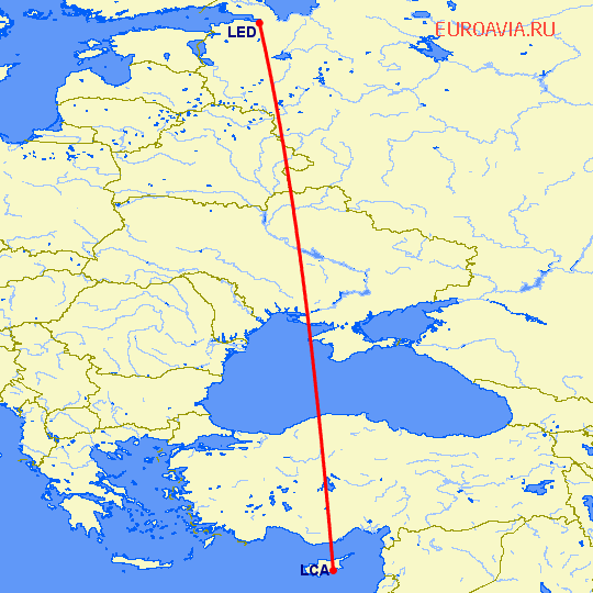 перелет Ларнака — Санкт Петербург на карте