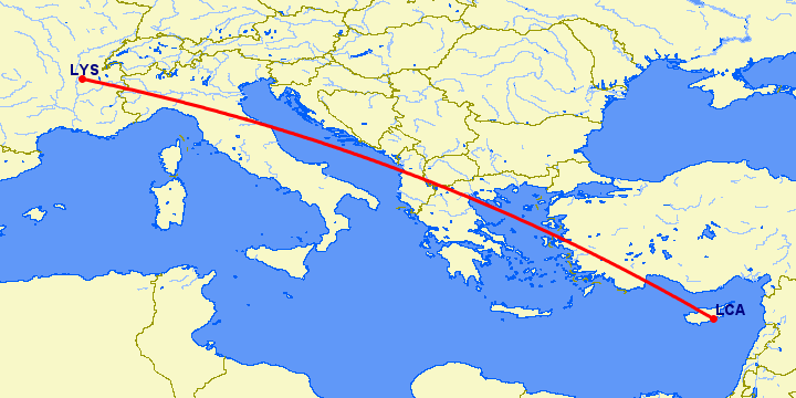 перелет Ларнака — Лион на карте