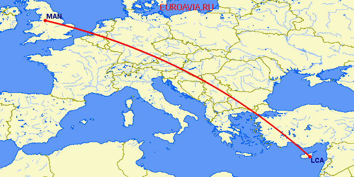перелет Ларнака — Манчестер на карте