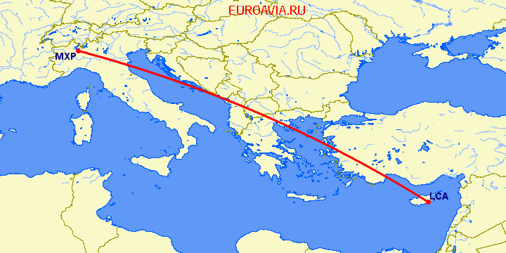 перелет Ларнака — Милан на карте