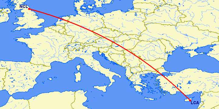 перелет Ларнака — Ньюкасл на карте