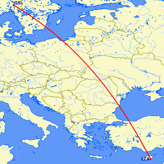 перелет Ларнака — Осло на карте