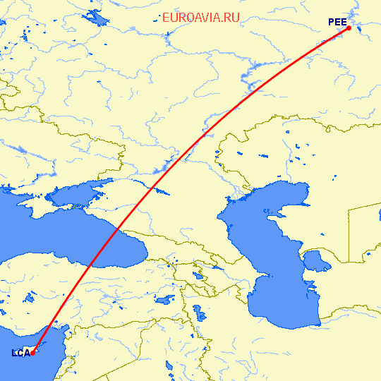 перелет Ларнака — Пермь на карте