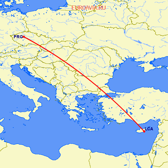 перелет Ларнака — Прага на карте