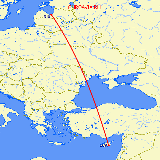 перелет Ларнака — Рига на карте