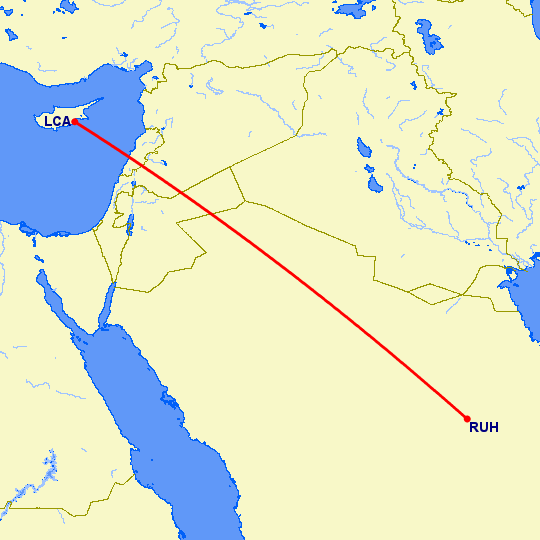 перелет Ларнака — Эр Рияд на карте