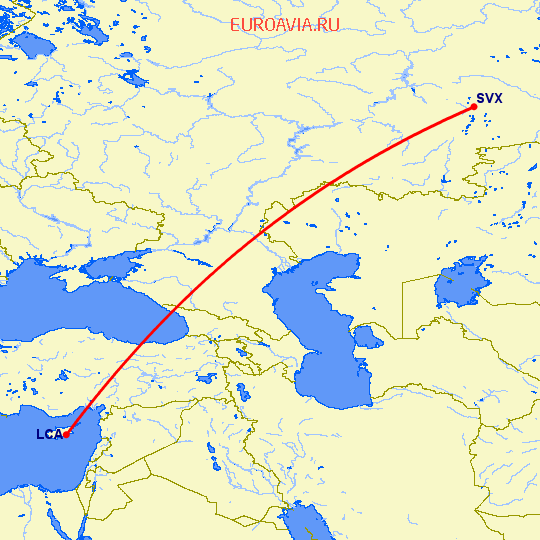 перелет Ларнака — Екатеринбург на карте