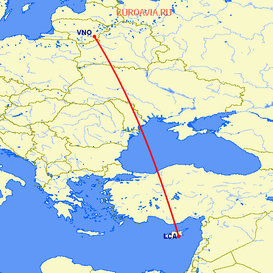 перелет Ларнака — Вильнюс на карте