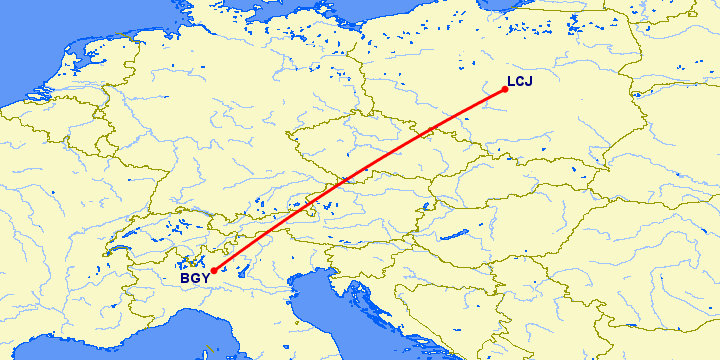 перелет Лодзь — Бергамо на карте