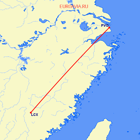 перелет Longyan — Шанхай на карте