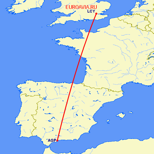 перелет Лондон — Малага на карте