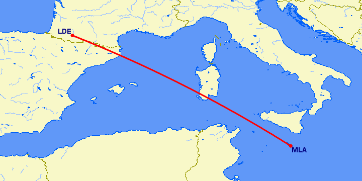 перелет Лурд Тарб — Мальта на карте