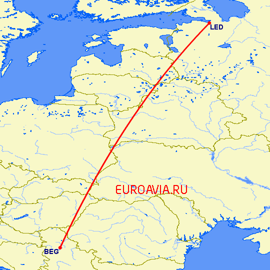 перелет Санкт Петербург — Белград на карте