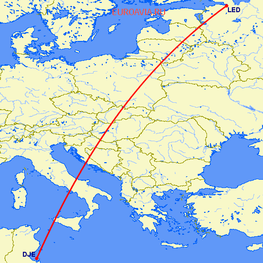 перелет Санкт Петербург — Джерба на карте