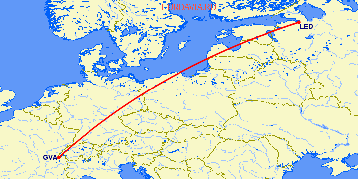 перелет Санкт Петербург — Женева на карте