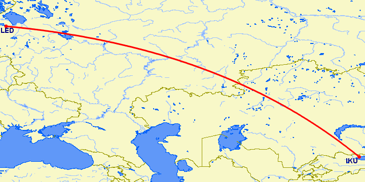 перелет Санкт Петербург — Иссык Куль на карте