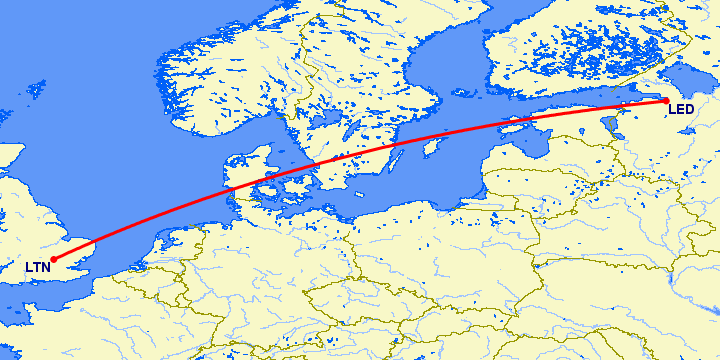 перелет Санкт Петербург — Luton на карте
