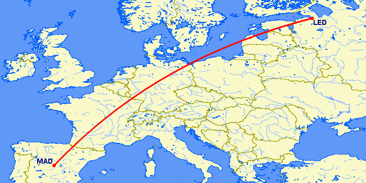 перелет Санкт Петербург — Мадрид на карте