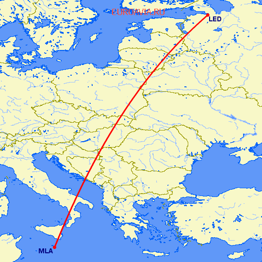перелет Санкт Петербург — Мальта на карте