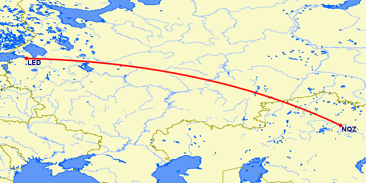 перелет Санкт Петербург — Нур-Султан на карте