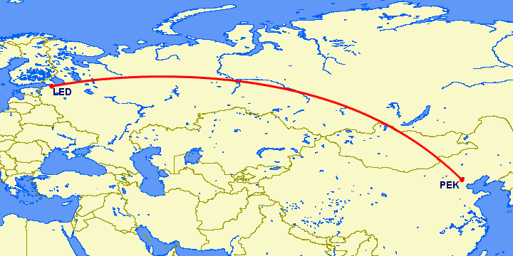 перелет Санкт Петербург — Пекин на карте