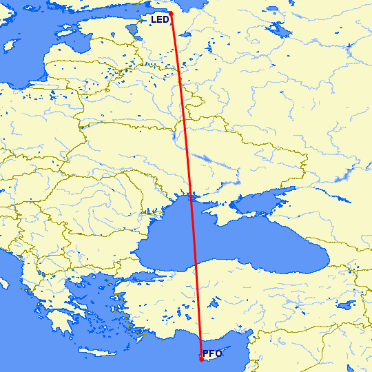 перелет Санкт Петербург — Пафос на карте
