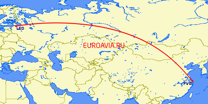 перелет Санкт Петербург — Шанхай на карте