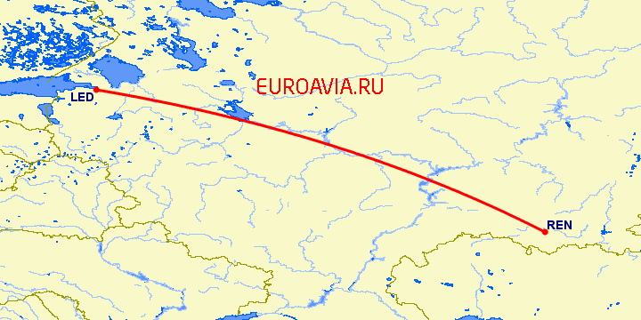 перелет Санкт Петербург — Оренбург на карте