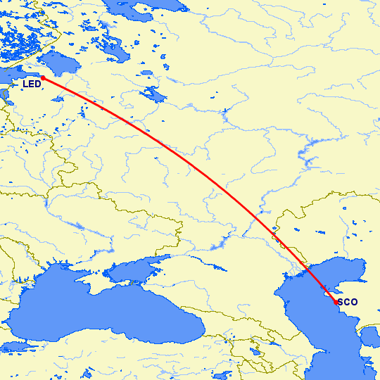 перелет Санкт Петербург — Актау на карте