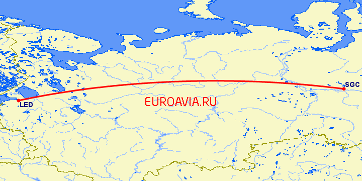 перелет Санкт Петербург — Сургут на карте