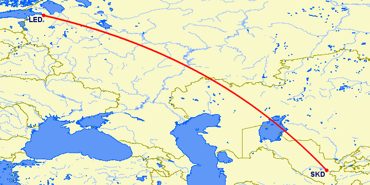 перелет Санкт Петербург — Самарканд на карте