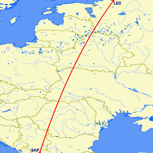 перелет Санкт Петербург — Скопье на карте