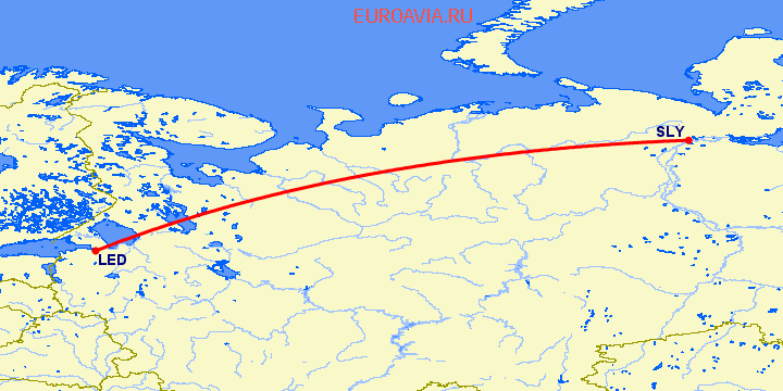перелет Санкт Петербург — Салехард на карте