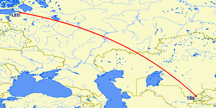 перелет Санкт Петербург — Ташкент на карте