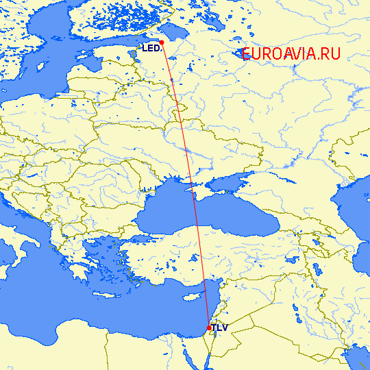 перелет Санкт Петербург — Тель Авив на карте
