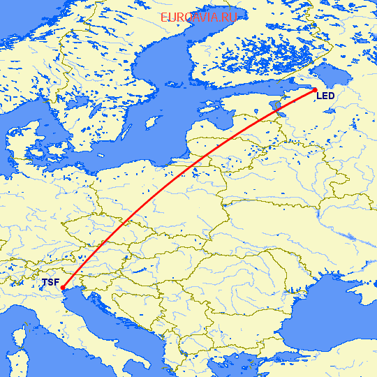 перелет Санкт Петербург — Тревисо на карте