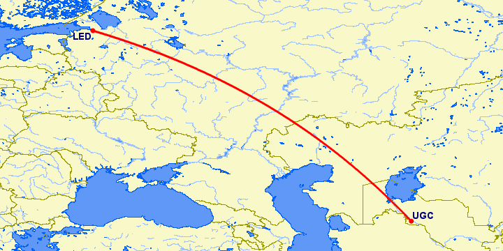 перелет Санкт Петербург — Ургенч на карте