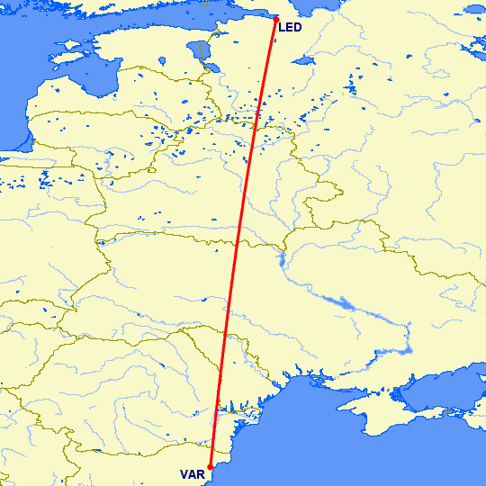 перелет Санкт Петербург — Варна на карте