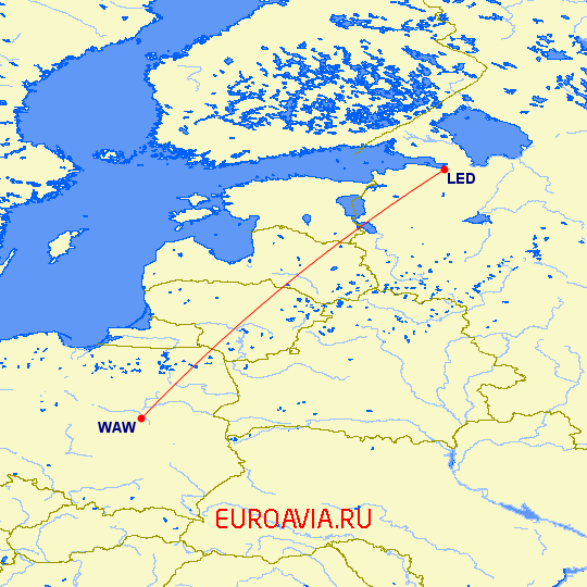 перелет Санкт Петербург — Варшава на карте