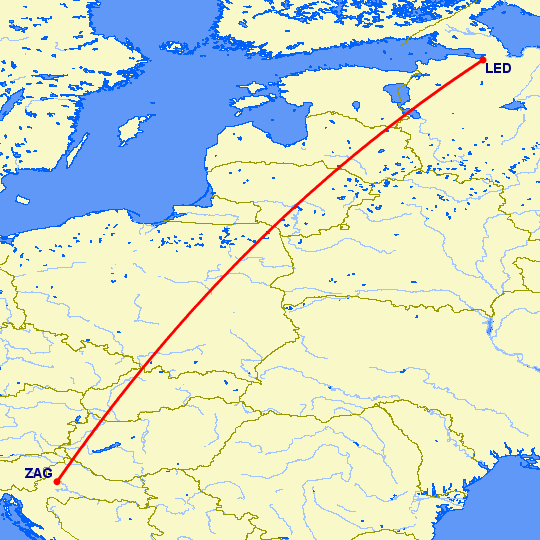 перелет Санкт Петербург — Загреб на карте