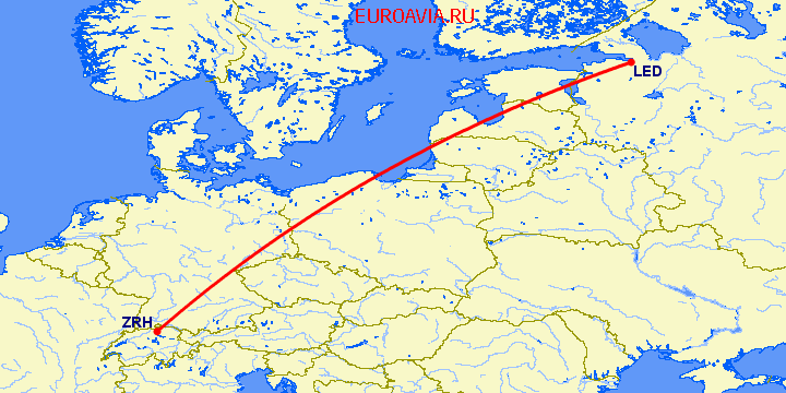 перелет Санкт Петербург — Цюрих на карте