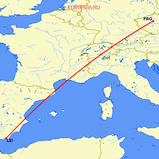 перелет Алмерия — Прага на карте