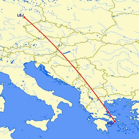 перелет Лейпциг Галле — Афины на карте