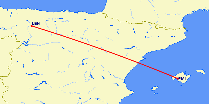 перелет Леон — Пальма де Майорка на карте