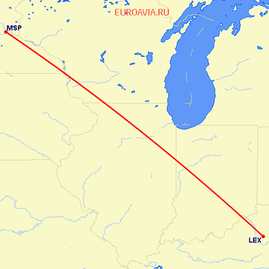 перелет Lexington — Миннеаполис на карте